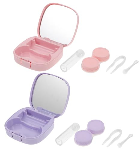 TOBBOMEY 2 Sets Contact Lens Case Small Lens Holder Pocket for Travel Outdoor Use Mirror
