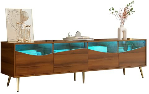 KecDuey Mueble de TV moderno de 180 x 40 x 50 cm, con iluminación LED, cuerpo blanco, patas de metal doradas, frontal de cristal y espacio de almacenamiento, bancos de TV para salón (color nogal)