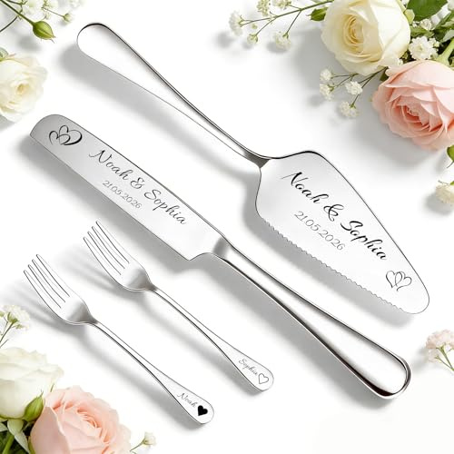 WBW Personalisiertes Tortenmesser- & Heberset, individuell graviert, ideal für Hochzeiten, Verlobungen, Jubiläen und Geburtstage (tortenheber edelstahl)
