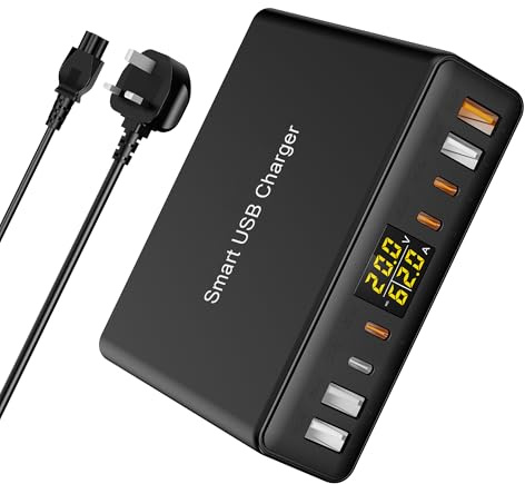 ChargTeker 8-Port USB C Charger with Digital Display, 100W PD QC Fast Charging Station, Real-Time Power Monitoring USB Charger Hub UK Plug for iPhone, Samsung, iPad, Smartphones