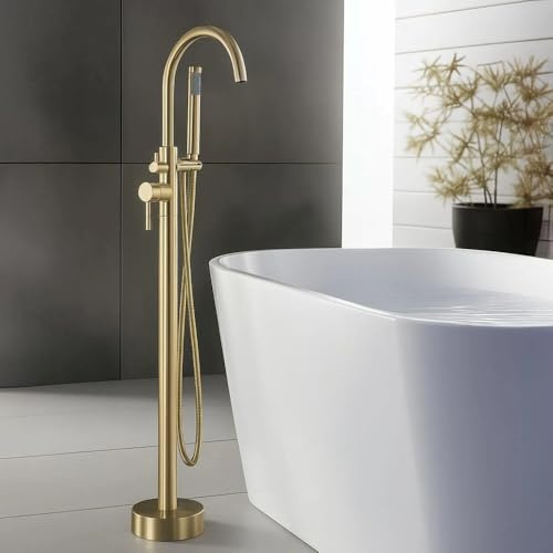Rubinetto per vasca da bagno, forma arrotondata, con doccetta spazzolata, colore: oro