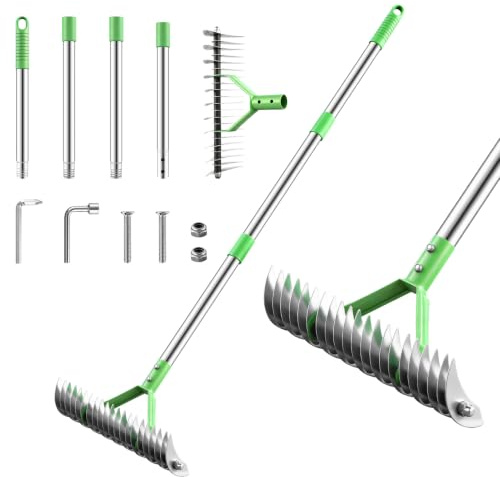 Ankishi Escarificador con mango ajustable, rastrillo de césped con mango ajustable de 89 – 160 cm, removedor de musgo y aireador de suelo para el cuidado del césped, escarificador, mano con dientes
