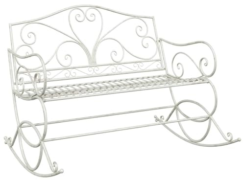 Yisssmeng Banc de jardin en métal blanc vieilli avec fonction bascule | Fauteuil à bascule 2 places en acier robuste pour des heures de détente dans le jardin, sur le balcon ou la terrasse.