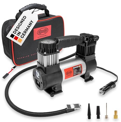 HEYNER® Kompressor 12 V 10 bar 40 l/min PKW Luftpumpe mit SMD LED Licht | Präzisions-Manometer, abnehmbarer Luftschlauch, vier Adapter inklusive Tasche, schnelles Befüllen von SUV und Van unterwegs