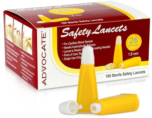 Pressure Activated Safety Lancets, 26G 1.8mm Box of 100, Advocate Single Use Glucose Testing Lancing Device with Automatic Retractable Needle for Blood Sugar Sampling