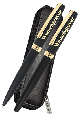 Online Personalisiertes Schreibset mit Gravur Eleganza Classic in edlem Lederetui I Füller und Kugelschreiber I auswechselbare Großraum-Mine I Schreibfarbe blau I Aluminium I persönliches Geschenk