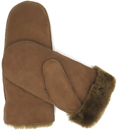 Lammfell Handschuhe Fäustlinge Damen - Herren, Farbe dunkel braun- mit beigen Fell, Aus edlen Spanischen Merino Schaffellen, Größen siehe Produktbeschreibung unten,Braun,L