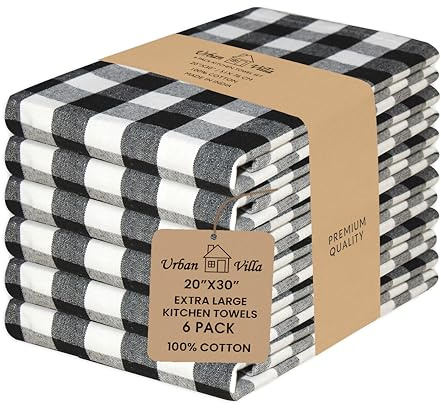 Urban Villa Kitchen Towels 100% Cotton Dish Towels for Kitchen (Set of 6) 20”x30” Dish Cloths Highly Absorbent Kitchen Linen Set with Hanging Loop Perfect for Drying Dishes Cleaning – Black White