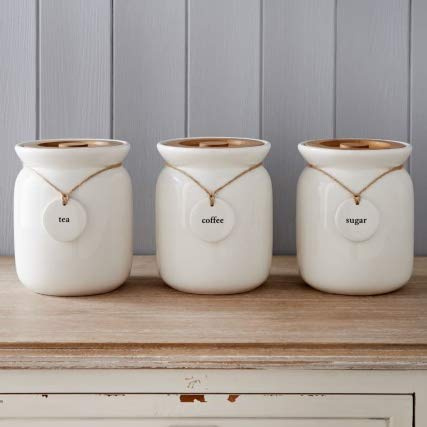 Large Canisters/Jars Set Tea Coffee Sugar Ceramic Canisters Rope Labels Kitchen Storage Jars Set Set of 3 with Wooden lid and Rope Labels Kitchen Organisation Ideal for Gift to Love One's