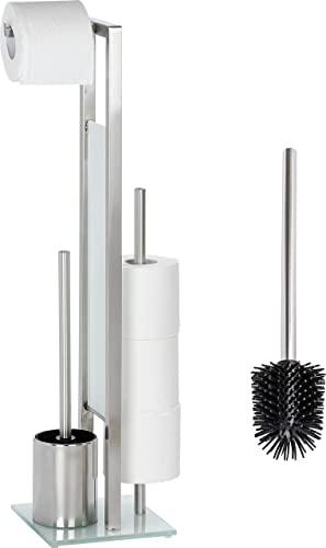 WENKO Stand WC-Garnitur Mod. Rivalta 3in1 aus Edelstahl und Glas mit Toilettenpapierhalter und Bürstenhalter Maße 18 x 70 x 20 cm Farbe Silber matt Weiß
