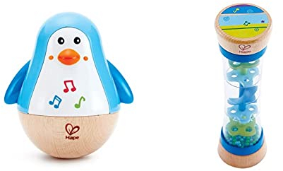 Hape Stehauf-Pinguin | Farbiger Stehauf-Pinguin mit Melodie, Stehauf-Spielzeug für Kinder im Alter von 6 Monaten und älter & Regenmacher | Mini-Rassel aus Holz Regenmacher-Spielzeug, Blau