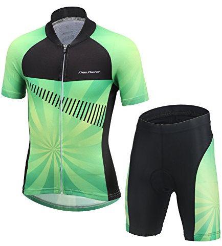 L PATTERN Kinder Radsport Bekleidung- Jungen/Mädchen Fahrrad Trikot-Set(Trikot Kurzarm+Kurz Radhose)/Radtrikot Kurzarm/Kurz Fahrradhose mit Sitzpolster, Farbverlauf grün, 134-140