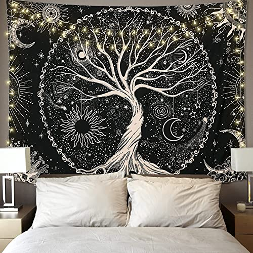 Betylifoy Baum des Lebens Tapisserie Mond und Sonne Schwarzer Wandbehang Psychedelisches Mandala Sternenhimmel Wandteppich Hippie Schlafzimmer (148x200cm)