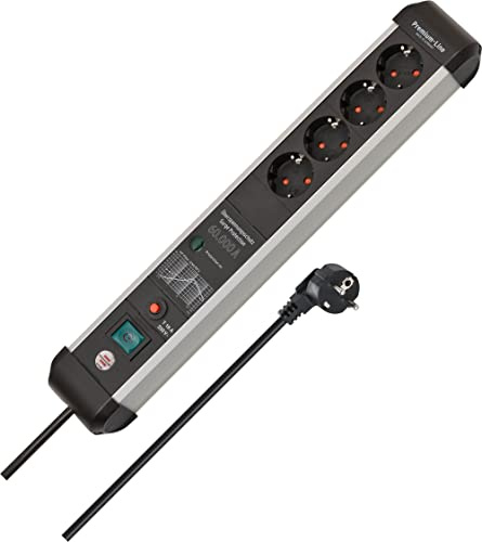 Brennenstuhl Premium Protect-Line grenuttag 4-vägs med överspänningsskydd 60 000 A (3 m kabel, med strömbrytare, tillverkad i Tyskland) silver/svart, 1391010400