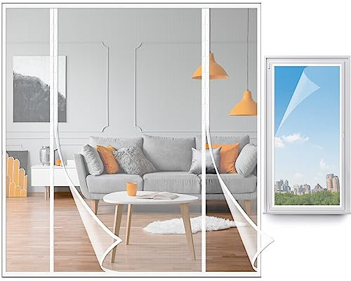 Magnetic Fly Screen Door Window Fly Screens Mesh 188 x 206 cm Double Door Fly Screens for Patio Doors Window Net with Hook Sticky Tapes for Protection Sliding Door, White