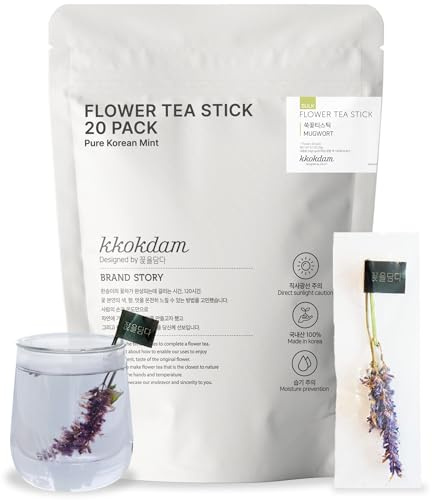 KKOKDAM Korean Mint Flower Tea Sticks, 20 Count - 100% Natural Edible Blooming Floral Tea, Individually Wrapped in Bulk Pouch, Caffeine-Free Herbal Tea Gifts