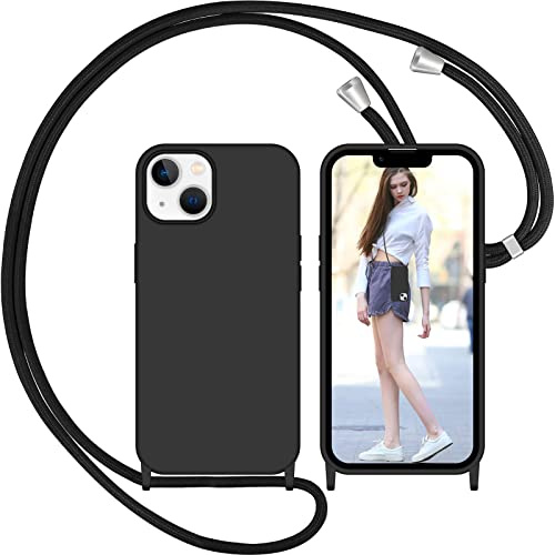 Nupcknn Coque avec Cordon pour iPhone 14, Liquide Silicone Coque Collier Réglable Téléphone Étui Portable Lanyard Case Protection Complète Cover de iPhone 14(Noir, 6.1)