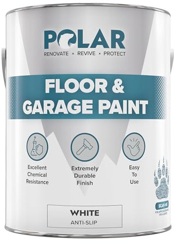 Polar White Anti-Slip Heavy Duty Floor & Garage Paint - 5 Litre - For Concrete and Stone Floors, High Performance Paint Protection, Hard Wearing Mid-Sheen Finish & Slip Resistant
