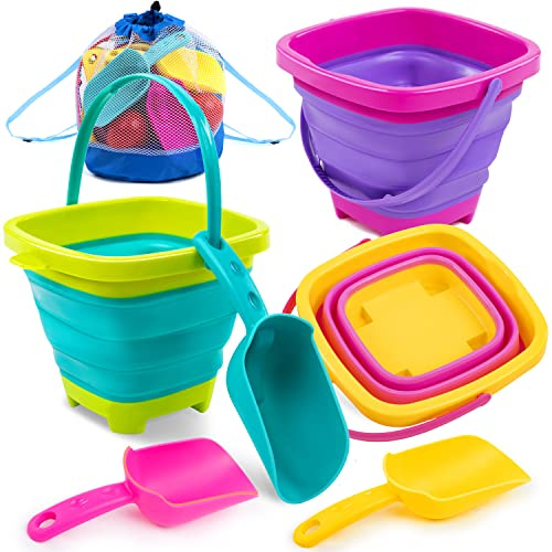 Sloosh 3-pack vikbar sandleksak set – hink med sandskopa och ryggsäck för barn småbarn strandleksaker, camping, resor och fiske vattenhink