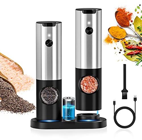 Coovee Molinillo Pimienta Electrico,Grosor Ajustable,Operación de una Mano, 2 Piezas Molinillo sal y pimienta Electrico con Luz LED,Cepillo Pequeño - Automático