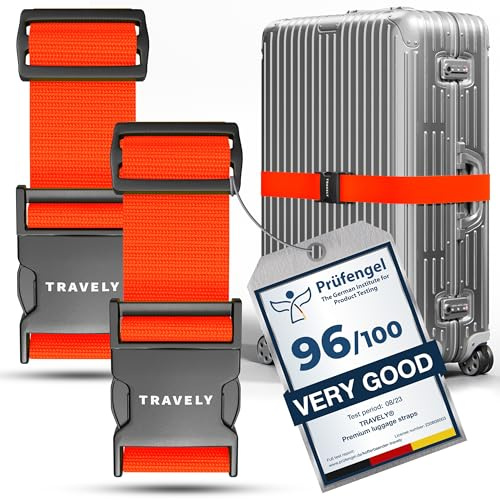 Travely® Premium Koffergurt - Besonders Auffällig & Sicher - Inkl. 2 Namensschildern - Gepäckband ideal über Kreuz - [2er Set] - Orange