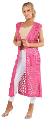 STAR FASHION New Womens Sleeveless Crochet Open Front Cardigan Ladies Bikini Wraparound Cover Up Beach Kimono for Summer with Two Pockets UK One Size (10-22)