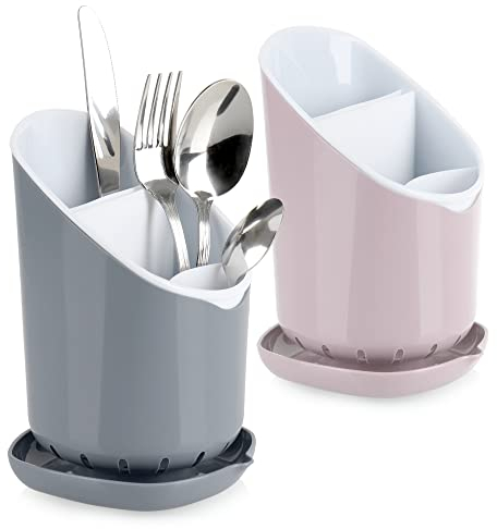 com-four® 2x Besteckabtropfkorb - Küchenutensilienhalter aus Kunststoff - Besteckkorb mit herausnehmbarer Trennwand - Kochlöffelständer - spülmaschinengeeignet (2 Stück - grau/rosa)