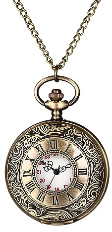 JewelryWe Vatertagsgeschenk Taschenuhr Herren Retro Royal Flush/Kompass/Blumen/Glocke/Motorrad Kettenuhr Analog Quarz Uhr Anhänger mit Halskette Kette Bronze Geschenk für Männer