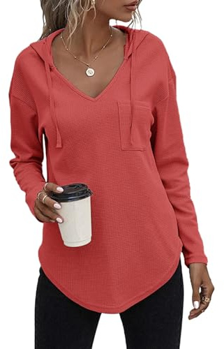 Cuptacc Pullover Damen Hoodie Mit Kordelzug V-Ausschnitt Kapuzenpullover | Kapuzenpullover,V-Ausschnitt,Oberteile,Sweatshirt,Einfarbig,Casual,Sommer,Weich,Komfort,Elegant,Lässige,Luftig,Airy,Fashion