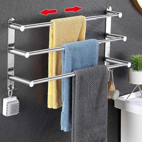 Handtuchhalter Ohne Bohren Ausziehbar 43-78CM, 3-Schicht Edelstahl Mit 2 Haken für Badezimmer Küche, Wand Silber