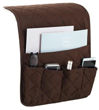 Organizador Acolchado Mallorca Reposabrazos para Sofá o sillón, 5 Bolsillos, Bolsa Almacenamiento para Sofá, Bolsillo Revistero grande y para Mando a Distancia, Móvil, Gafas o Bolígrafo, Marrón C03