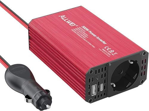 ALLWEI Convertisseur 12V 220V 300W pour Voiture, Onduleur avec Port Type-C, Port USB - pour Voiture, Caravane, Camping, Recharge de téléphones Portables, Ipad (Rouge)