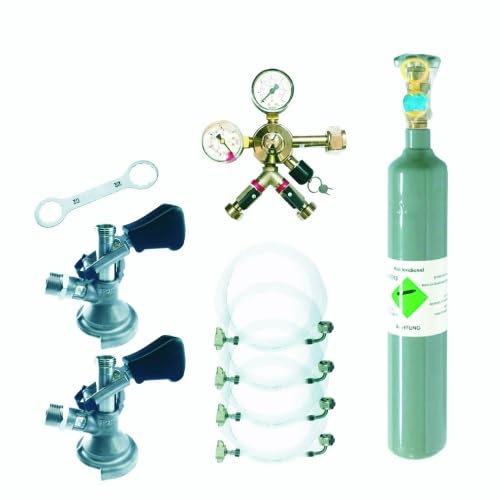 Bier Zapfanlage Zubehörset für 2 Bierfässer, Flach-Zapfkopf Typ A, 0,5kg CO2 Flasche