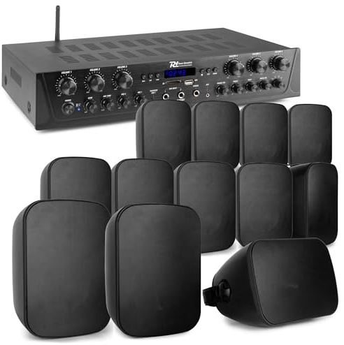 Power Dynamics 6-Zonen Verstärker mit Bluetooth & 12x Outdoor Lautsprecher Boxen BD50B – 600W HiFi Set mit 100m Kabel, USB/Radio – Wasserdichtes Soundsystem, 6 Kanal Endstufe - Schwarz
