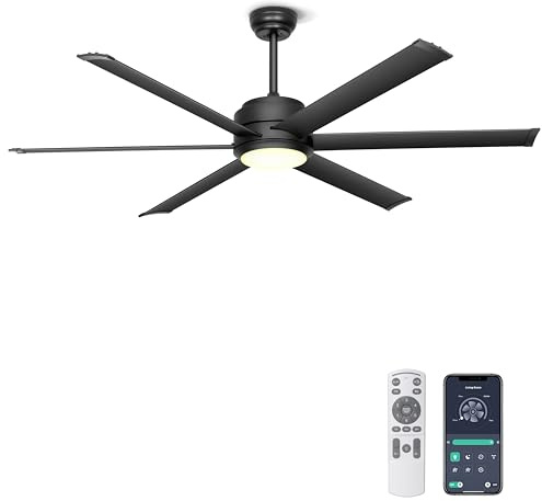 Ohniyou Deckenventilator mit Beleuchtung, Fernbedienung und App,152,4 cm | Dimmbar, Gleichstrommotor Leise, Großer Industrial Deckenventilatoren für Outdoor Terrasse, Wohnzimmer, Schwarz