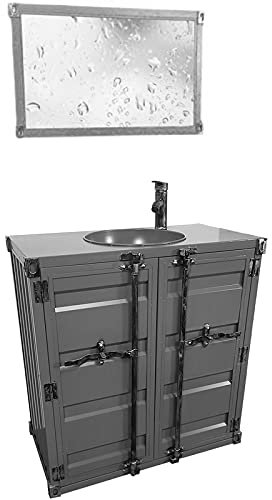 SmPinnaA Mobile Da Bagno Autoportante, Mobile Portaoggetti Per Lavabo In Ferro Battuto In Stile Industriale Con Rubinetto E Scarico 31,8 X 16,9 X 33,4 Pollici,Grigio,Con Specchio