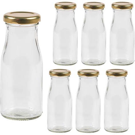 Vitrea 6 leere Glasflaschen 150ml Schraubverschluss Gold - Milchflaschen, Saftflaschen, kleine Flaschen zum Befüllen mit Deckel - für Milch, Saft, Smoothies, Öl - 6 Stück, TO43, Epice
