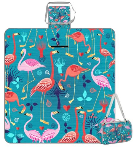 Mularoka Picknickdecke mit Flamingo-Blumenblättern, wasserdicht, sanddicht, faltbar, Stranddecke, 150 x 145 cm, extra groß, tragbar, waschbar, Outdoor-Matte für Camping, Park, Gras, Wandern, Reisen