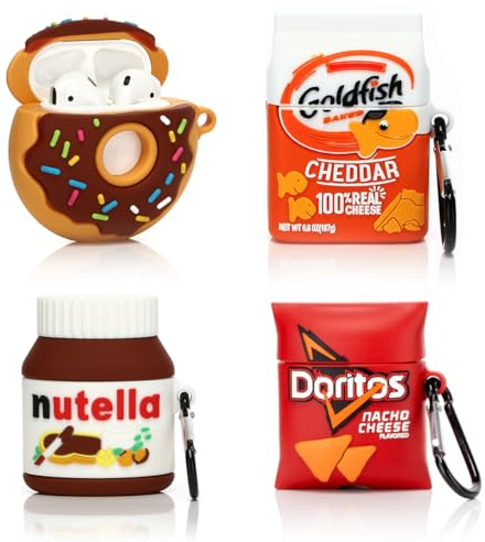 Custodia (confezione da 4) per AirPods di 2a/1a generazione (2019/2016), custodia protettiva in silicone XMBYGY con design carino a cartone animato per AirPods 1/2, con moschettone (DOR+GOD+Donuts+