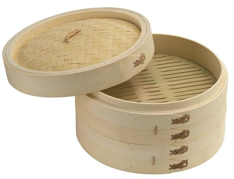 2 Tier Bamboo Steamer Set with Bamboo Lid Healthy Cooking Food Bamboo Steamer Basket Ideal for Vegetables, Dim Sum Dumplings, Buns, Chicken, Fish, Bao Buns & Meat