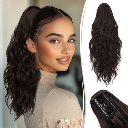 RUWISS Pferdeschwanz Haarteil mit Klammer, 45cm Gewellte Claw Clip in Pferdeschwanz Haarverlängerungen Lange Synthetik Lockigen Ponytail Extension für Frauen, Dunkelbraun