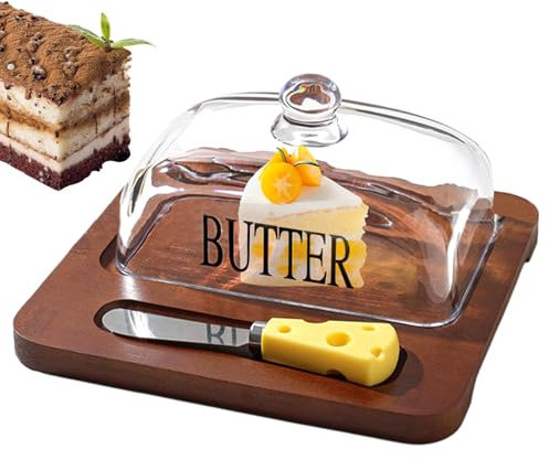 Mantequera de vidrio con tapa,Mantequillera de vidrio,Soporte para mantequilla con cúpula de queso Cloche de vidrio - Plato para tartas con tapa, platos para mantequilla, cúpula de de limón para el ho