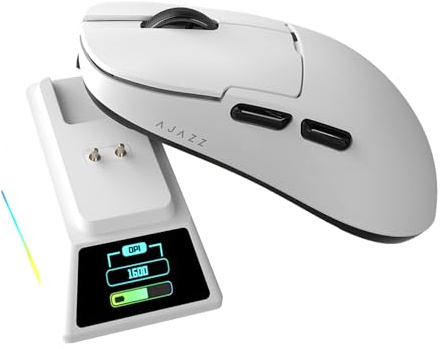AJAZZ AJ159 APEX Wireless Gaming Mouse with RGB Magnetic Charging Base, Lightweight 56 Gram Design, 2.4G/USB-C/BT, 400 mAh Battery, 42K DPI, 8000Hz Response Rate, Compatible with PC and Mac, White