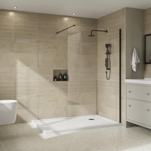 NRG 1100 x 1950mm Wetroom Shower Screen for Bath, 8mm Glass, Black Framed | Walk in Shower Enclosure, Shower Glass Screen, Easy Clean Glass, 1m Support Bar, 15mm Wall Adjustment, Reversible Fit