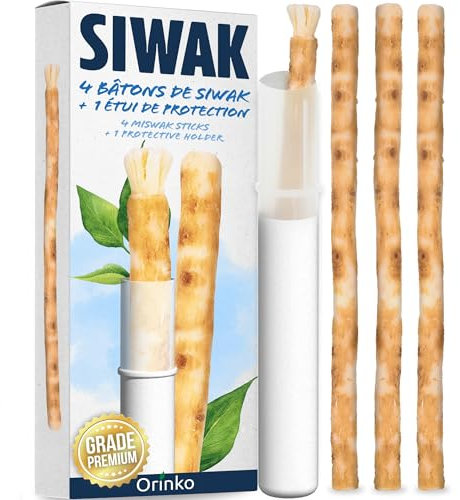 ORINKO® Siwak Naturale x4 con Custodia - Spazzolino Ecologico per Denti - Miswak Africano per Pulizia, Sbiancamento e Igiene Orale - Bastoncini di Araak come Alternativa Sostenibile