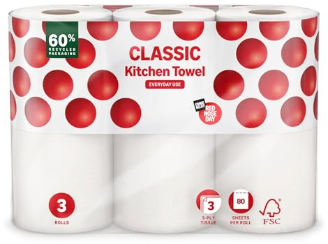 by Amazon Red Nose Day Classic Kitchen Roll, 3 Ply, 3 Rolls, 80 Sheets per Roll – on Behalf of Comic Relief