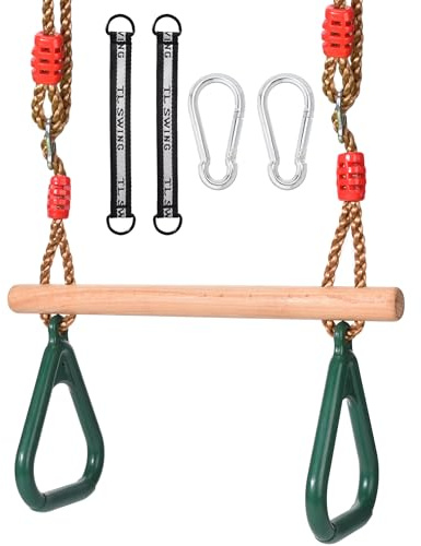 Trapeze bar,Morwealth Multifunctional Children's Wooden Trapeze Swing with Plastic Rings Gymnastics Rings for Hanging Up to 120 kg for Indoor and Outdoor Use