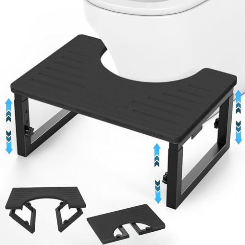 Caossuixin Klappbar Toilettenhocker Erwachsene, Metall mit Holz-Toilettenhocker, Höhenverstellbarer Klohocker aus Bambus, WC Hocker Erwachsene, Tritthocker, WC Anti-Rutsch Klohocker für Kinder-Schwarz