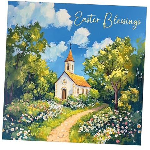 Paquete de 8 tarjetas de Pascua. Cada paquete contiene 1 diseño de iglesia de Pascua. Respetuoso con el medio ambiente, reciclable, tarjetas sin plástico, sobres y caja. Interior en blanco.