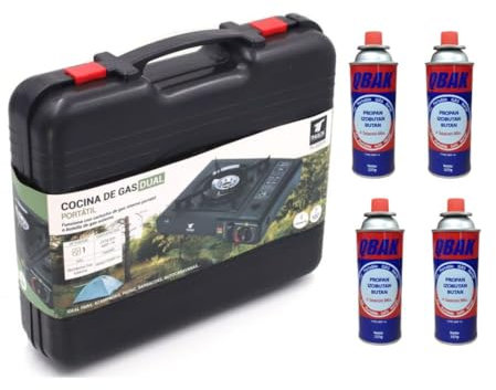 UBOON Cocina Portatil, Cocina De Gas Portatil, Cocina 2 en 1, Disponible Uso Butano, Estufa Camping, Ligero y Fácil de usar, Maletín De Almacenamiento (Con 4 Cartuchos de Gas Butano 227g)